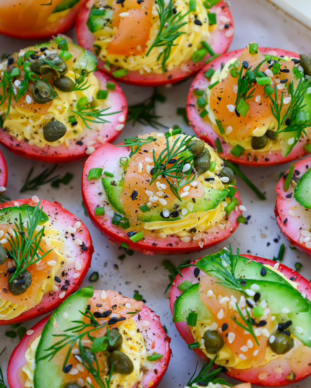 Beet Pickled Deviled Eggs Lox-Style - BRIGHT MOMENT CO.